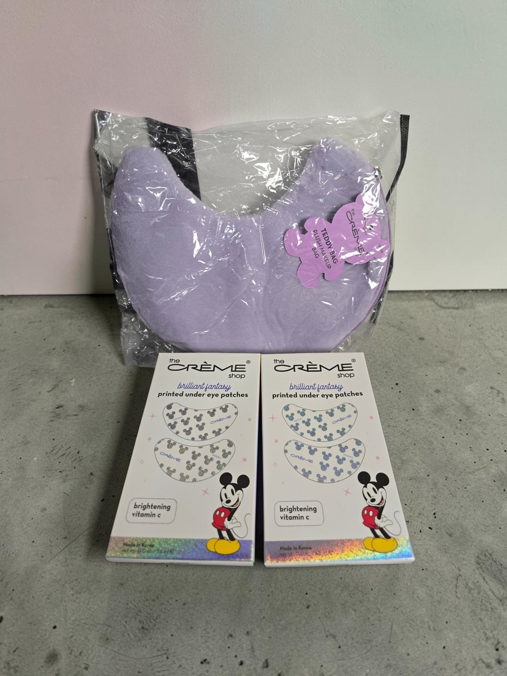 Disney Mickey Mouse Crème Shop Eye Patches + Lavender Teddy Makeup Bag Bundle